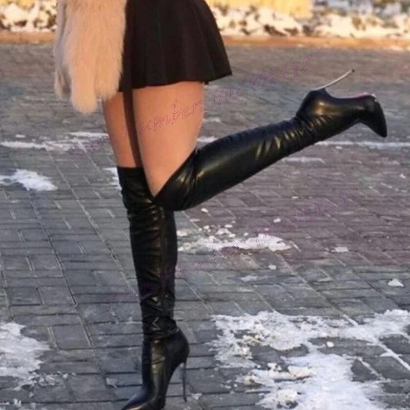 Czarne metalowe obcasy buty do kolan szpiczaste buty z palcami dla kobiet wysokie obcasy seksowne buty damskie 2024 Zapatos Para Mujere