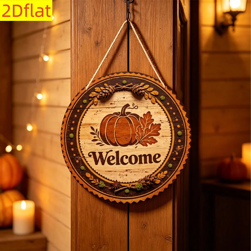 2D Flat, 2D Flat Wooden Round Hanging Sign, 1pc Per Pack. Ideal for Halloween, Christmas, Thanksgiving, and Autumn Harvest Seaso