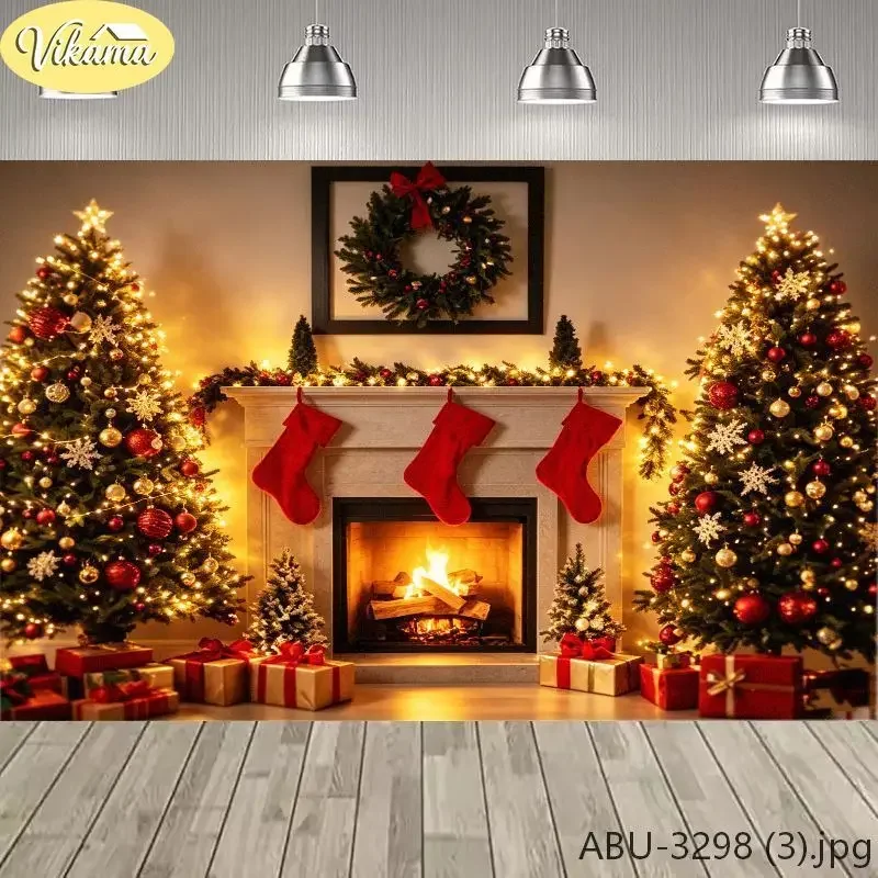 VIKAMA Photography Background Christmas Fireplace Stockings Trees Backdrop for Party Birthday Photo Booth Home Decor
