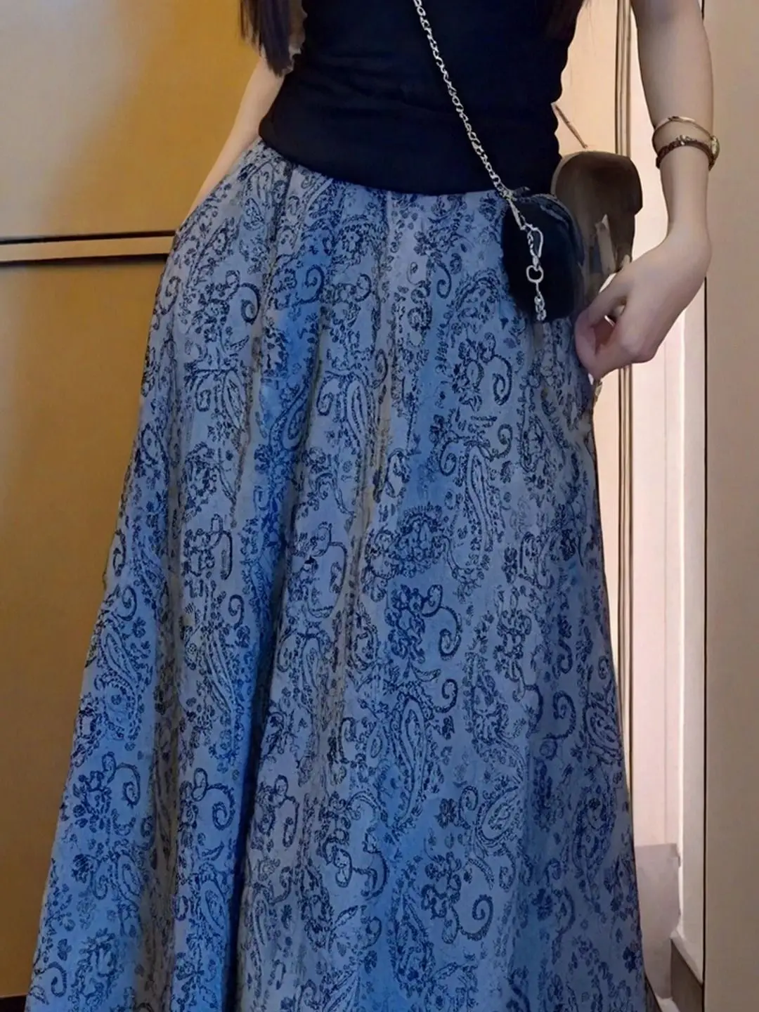 Large size 2025 summer new French fashion lady style printed skirt women's high-end elastic waist long skirt