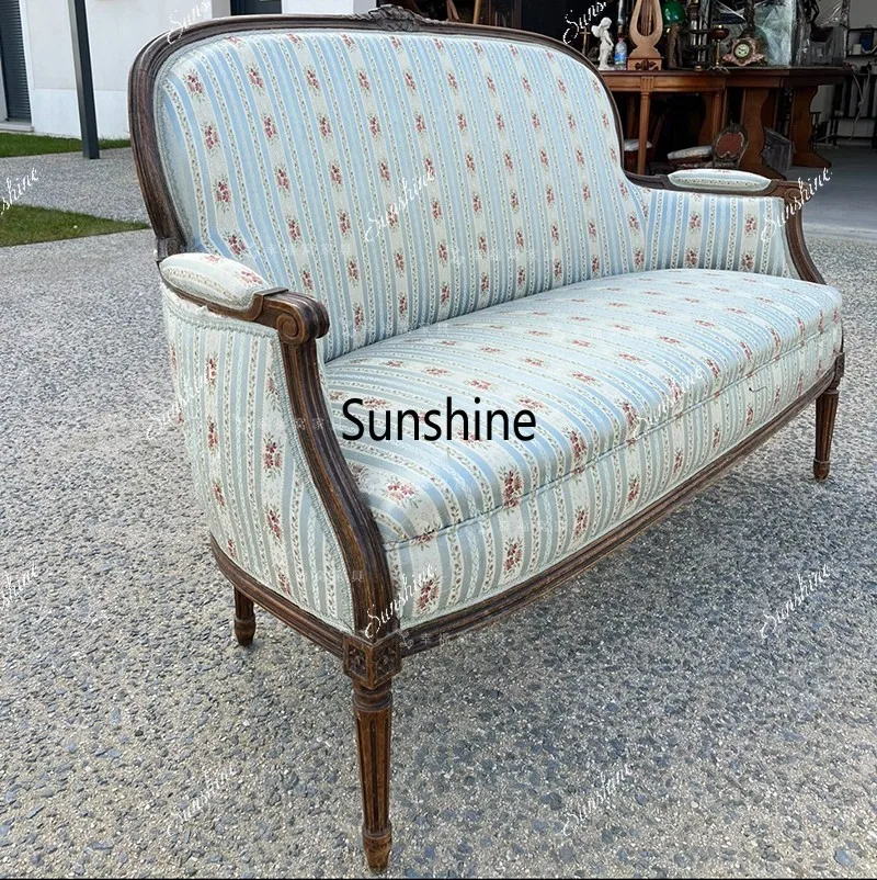 French style, solid wood retro double sofa, studio, fabric small apartment with high back.