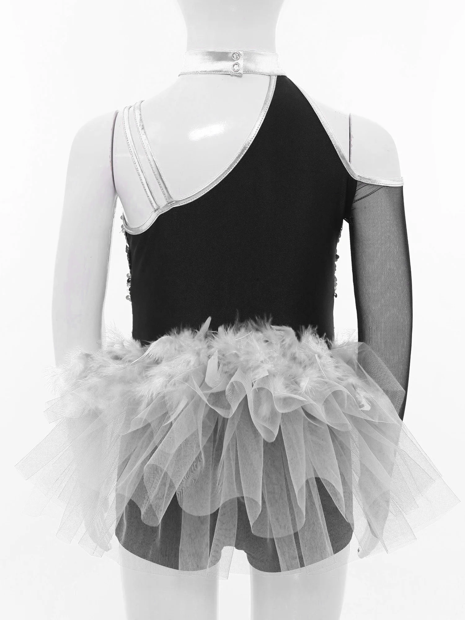 Kinder Mädchen Latin Jazz Dance Overall One Shoulder Glitzernde Pailletten Mieder Feder Tüll Tutu Trikot mit Rock Bühnenwettbewerb