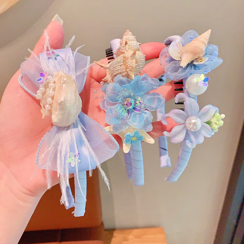 2026 New Summer Beach Shell Coach Headband For Girls Kids Boho Ocean Flower Tulle Bow Hair Hoop Children Hair Accessories Gift view 3
