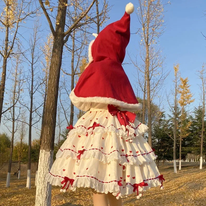 Vestido gótico de Lolita victoriano Caperucita Roja Cosplay Navidad Año nuevo capa roja chica Op vestido de manga larga cuentos de hadas