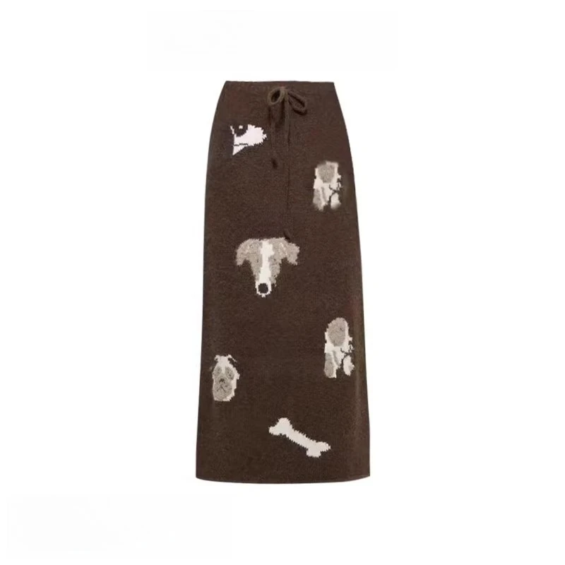 レディース子犬パーティー ニットセータースカートセット 秋冬暖かい犬クロップトップ＆ミディAラインスカート スリムで居心地の良い2ピースアウトフィット