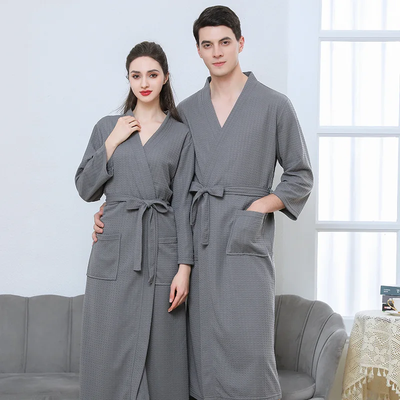 Waffle Transparent Bathrobe Men Women Summer Thin Robe Shower Plaid Dressing Gown Knee Length Breathable Nightgown Home Cloth