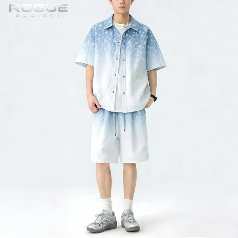 

Gradient Snowflake Clothes Men Ice Silk Breathable Short Sleeve Luxury Streetwear Harajuku Summer Beach Tiki Style Tops Unisex