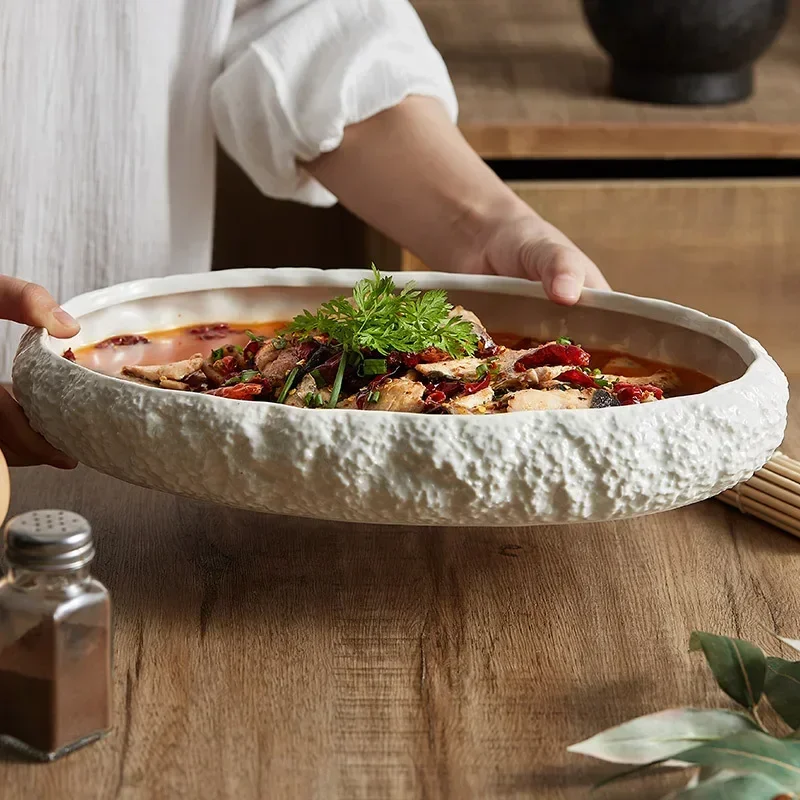 Creative Rock Pattern Large Steamed Fish Plate Solid Color Ceramic Plate Home Luxury Hotel Restaurant Sashime Seafood Plate