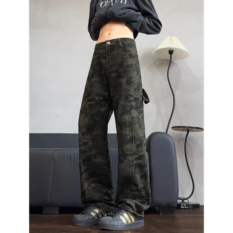 2026 Autumn Winter Mens Camouflage Flare Jeans American Dark Street Style Slim Fit Niche Design Casual Denim Long Pants