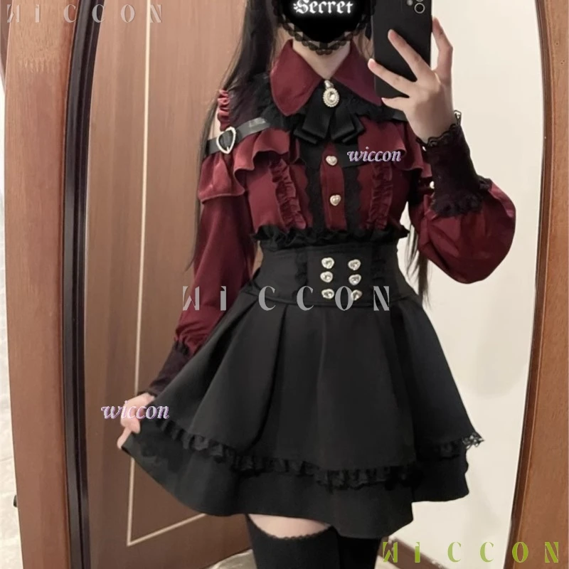 Jirai Kei Outfit Lolita Girls Camicetta Top Donna Kawii Bow Gonne nere Camicie Camicia a maniche lunghe Y2K Dolce signora giapponese Dress Up