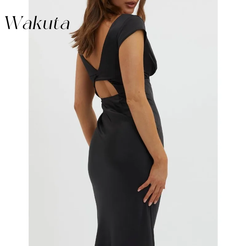 Wakuta Elegant Simple Satin V-Neck Cap Sleeve Solid Vestidos Sexy Backless Twisted Hollow Midi Wedding Guest Dresses فستان سهرة