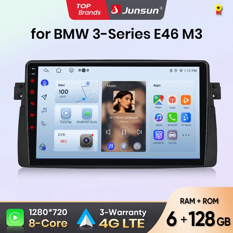 Junsun Android sans fil CarPlay Auto autoradio pour BMW E46 M3 318/320/325/330/335 systèmes intelligents DSP SWC RDS GPS FM BT