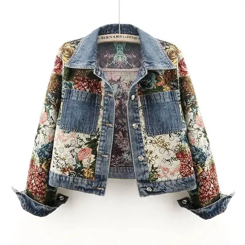 

2025 Spring Autumn New Print Jacket Women Long Sleeve Temperament Lapel Splicing Denim Coat Female Ladies Cowboy Outwear