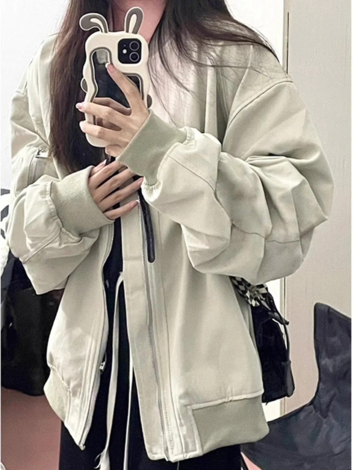 

American Sle Hiphop Jaet Women's Autumn Winter Pilot Design Baseball Coat Loose Fit Stand Collar Regular Length Outerwear