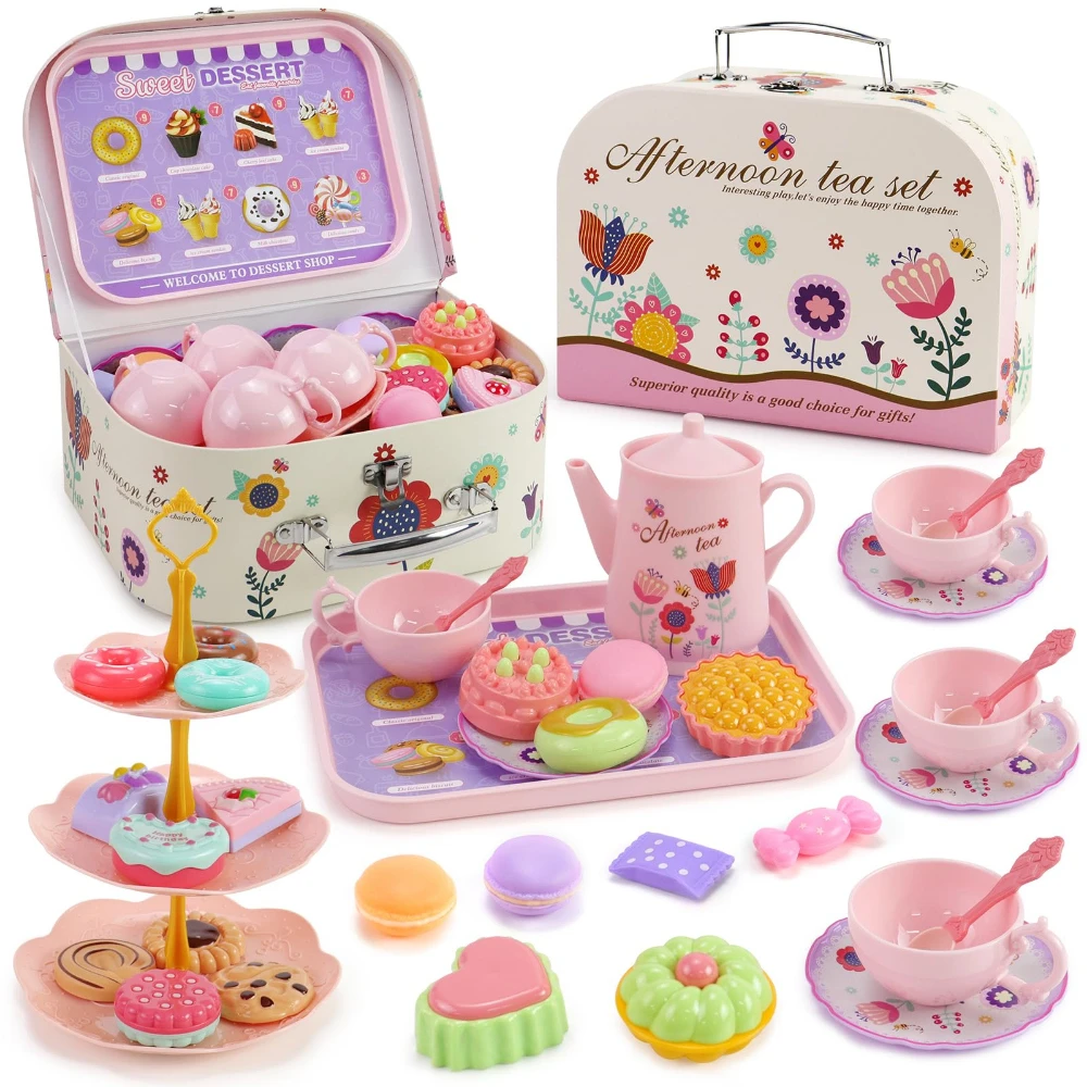 WizKidz Kids Flower Tea Party Set with Carrying Case & Sweet Treats Playset - Pretend Toy Tin Tea Set for Ages 3+ Little Girls