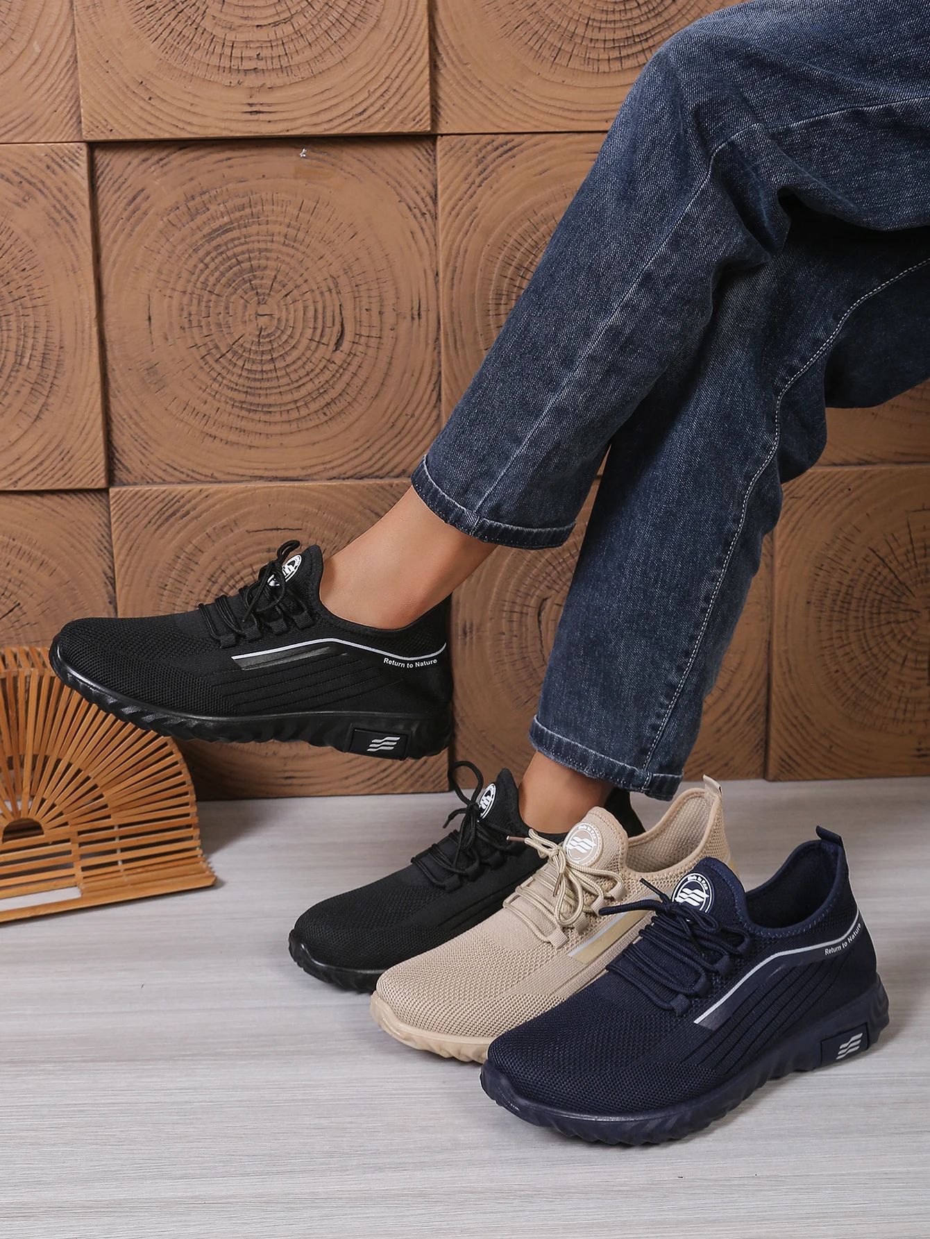 Herren Casual Strick-Schnürsneaker, Atmungsaktives Mesh-Obermaterial Sportschuhe, Ganzjährig Leichte Fußbekleidung – Detail 1