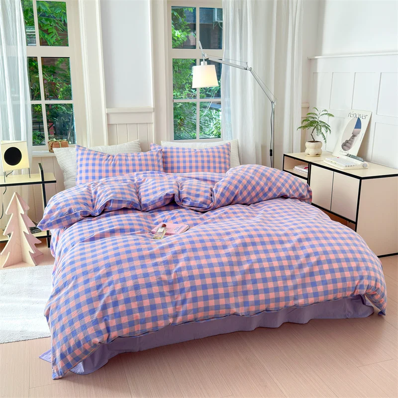 100% Cotton Colorful Plaid Duvet Cover Set Girls Women Bedroom Purple and Pink Striped Reversible Bedding Comforter Cover 3 Pcs