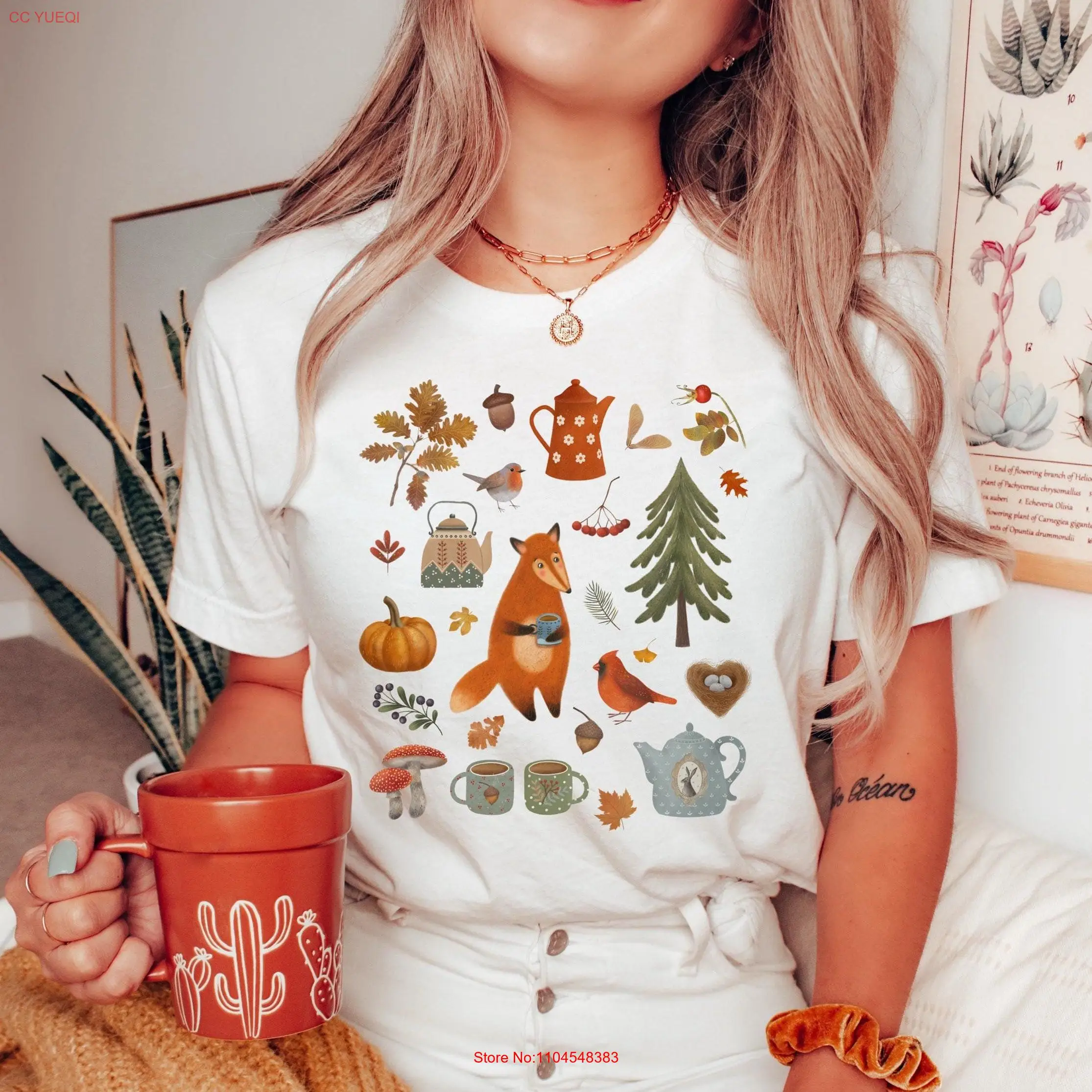 FOLK ART FOREST T shirt Fox Fall Woodland Cottagecore Hygge Fairytale Nature Lover Cozy Autumn tee long or short sleeves