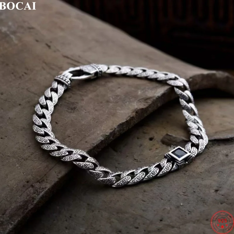 BOCAI S925 pulseras de plata esterlina para mujeres y hombres, diseño de ratán eterno Retro, cadena de eslabones cubanos de circón, joyería al por mayor