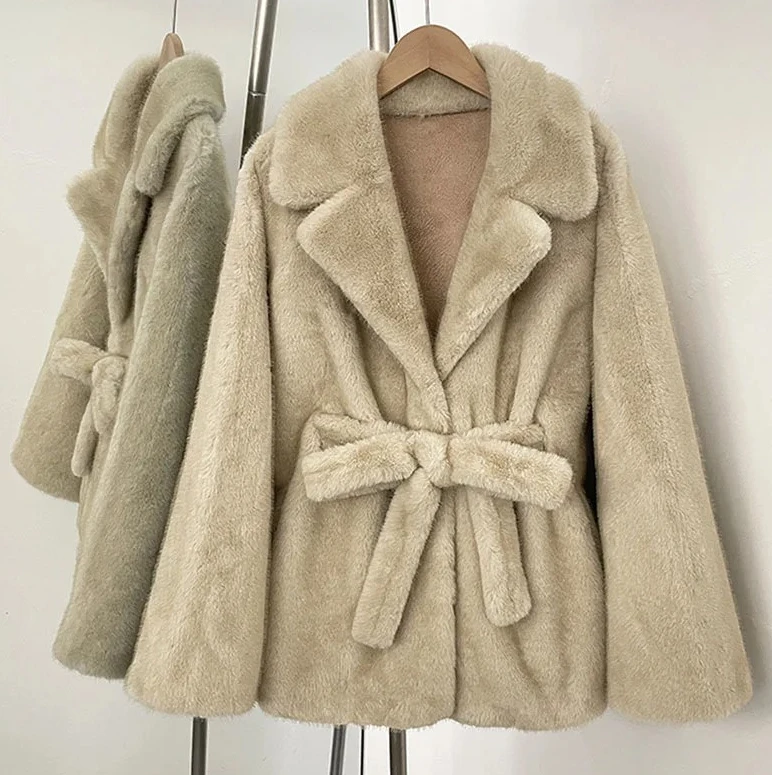 

Autumn Winter Women Faux Fox Fur Coat Batwing Sleeve Lace Up Waist Elegant High End Jacket Long Sleeve Outerwear