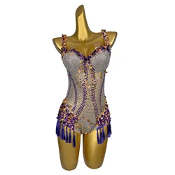 Sparkly Rhinestones Sequins Tassel Leotard Women Nightclub Outfit Dancer Costume Stage Wear Sexy Performance Bodysuit Nanning