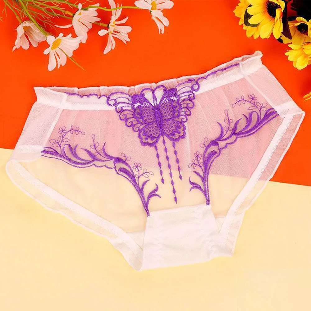 

Women Sheer Panties Butterfly Embroidery Brief Ultra-Thin Lace Transparent Underwear See-Through Lingerie Seamless Briefs Tanga