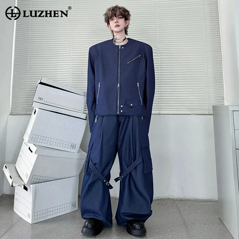 

LUZHEN 2025 Autumn Two-piece Sets Men's Solid Color Round Neck Zipper Decorate Jacket Fashion Handsome Loose Casual Pants JY3783
