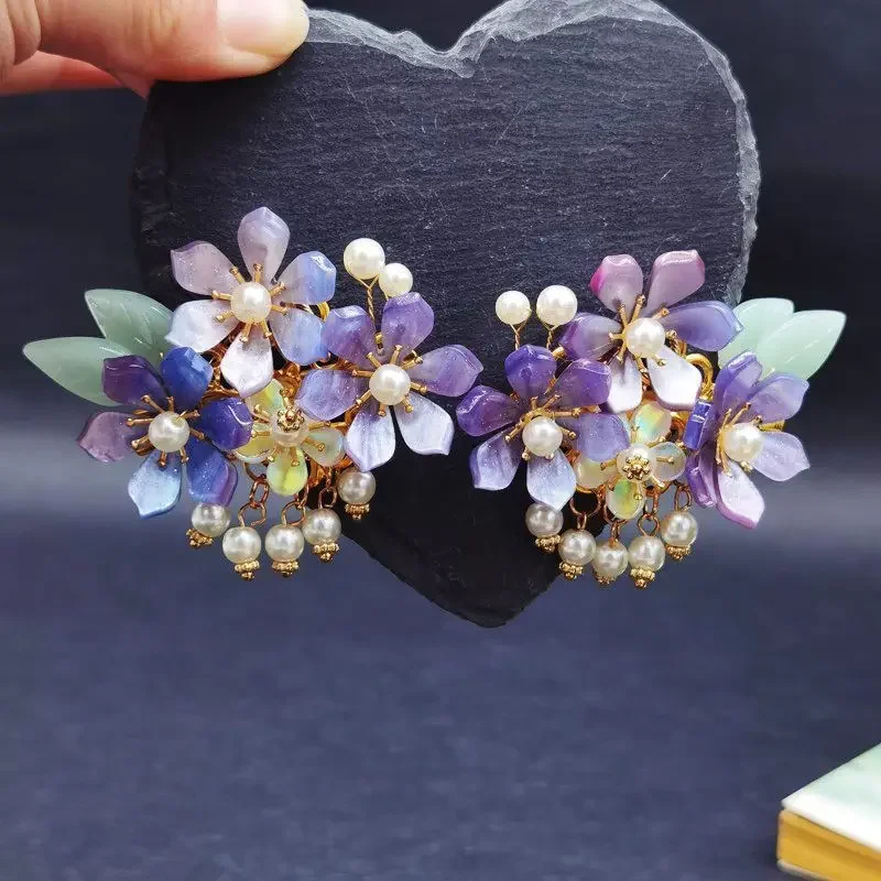 

Шпилька Hanfu, головной убор, женский китайский древний фиолетовый глазурованный цветок, жемчужные кисточки, шпилька Hanfu, головной убор, расческа для волос, вилки