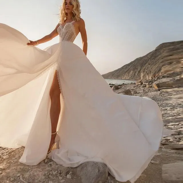 LISER-vestido de novia bohemio con apliques de encaje, traje de novia con escote Corazón, abertura lateral de princesa, a la moda