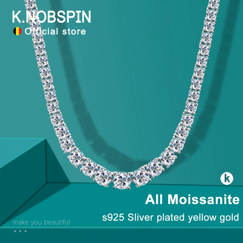 

KNOBSPIN D Color Moissanite Tennis Necklace 925 Sterling Sliver Plated 18k Gold Necklace for Woman Man Hiphop Party Jewelry