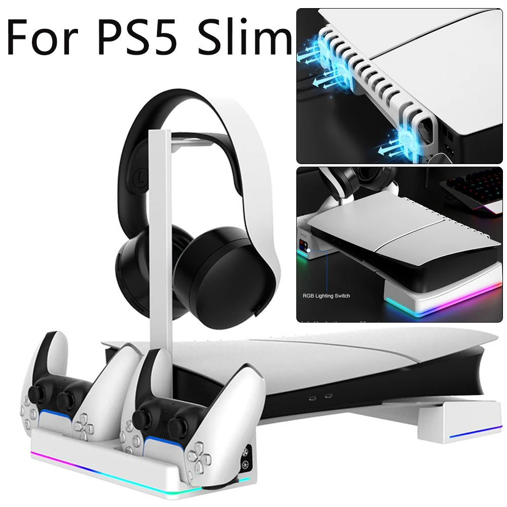 

Cooling Stand for PS5 Slim Console Controller Gamepad Charging Station Cooling Dock Dual Controller Charger Headphone Hanger