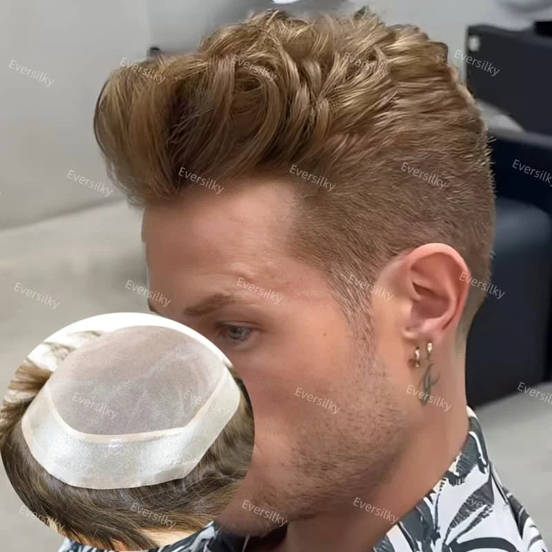 دائم غرامة أحادية الذكور الشعر الاصطناعية شعر مستعار 110%-130% عالية الكثافة الشعر غير مرئية شعري طبيعي الرجال شعر مستعار للرجال 6 "شعر الإنسان #4