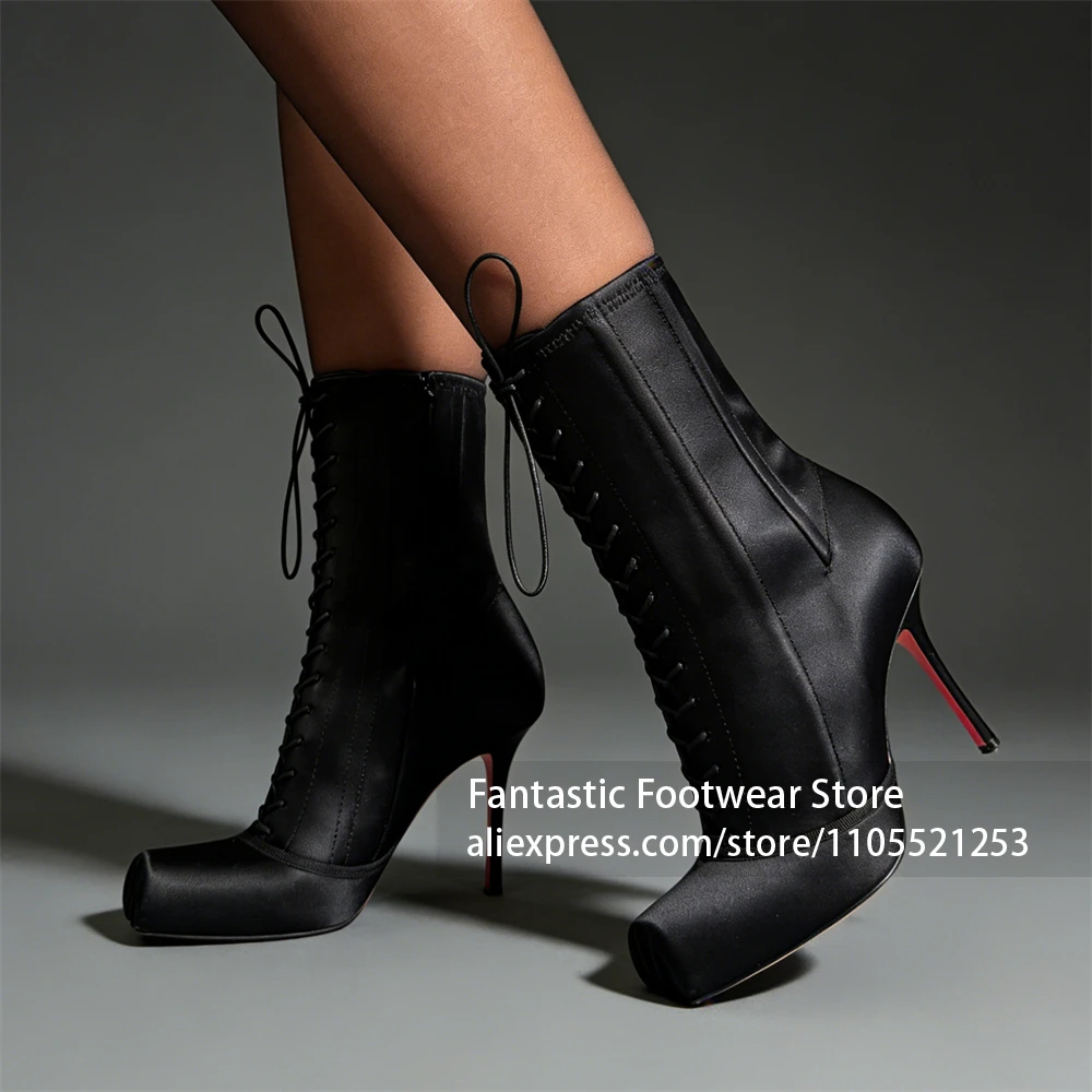 

Satin Square Toe Lace up Booties Designer Style Ankle Boots Stiletto High Heels Ballet Style Custom Color Women's Handmade Shoes