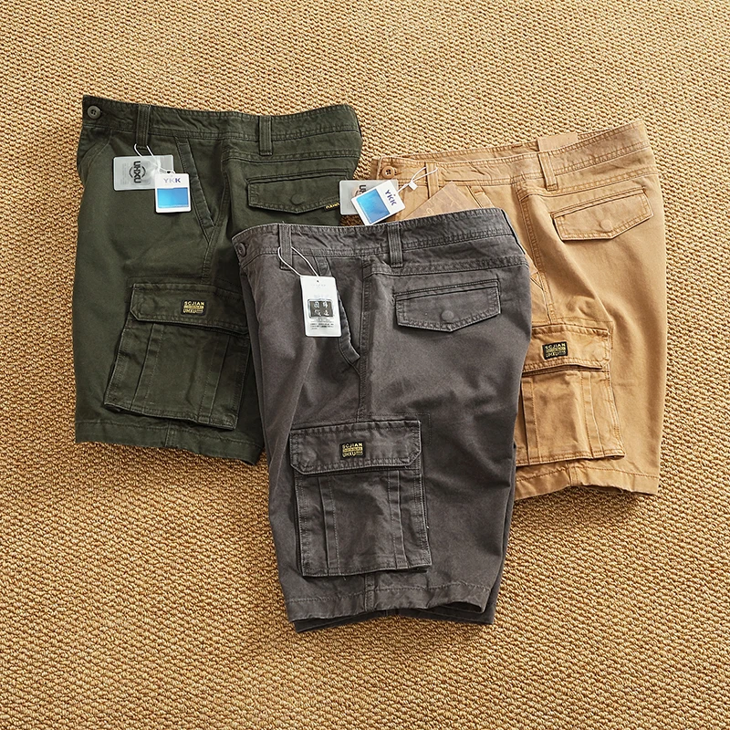 Japanese Workwear Cargo Shorts for Men Heavyweight Cotton Multi-Pocket Utility Shorts Summer Vintage Loose Fit 5-Inch Inseam