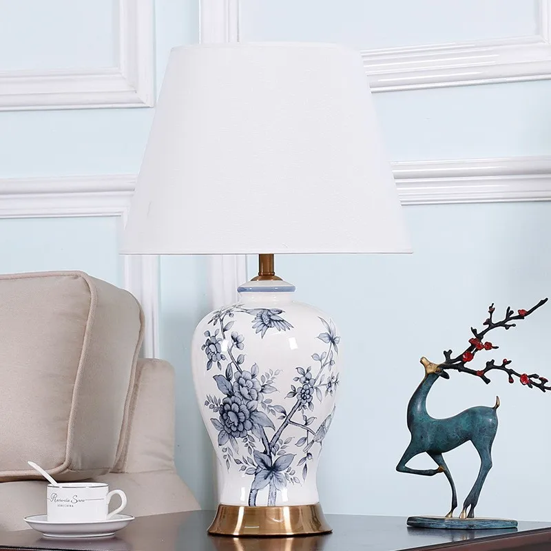 Chinoiserie Floral Bird Porcelain Table Lamp Gold Base White Fabric Shade Bedroom Living Room Bedside Colored Drawing Desk Light