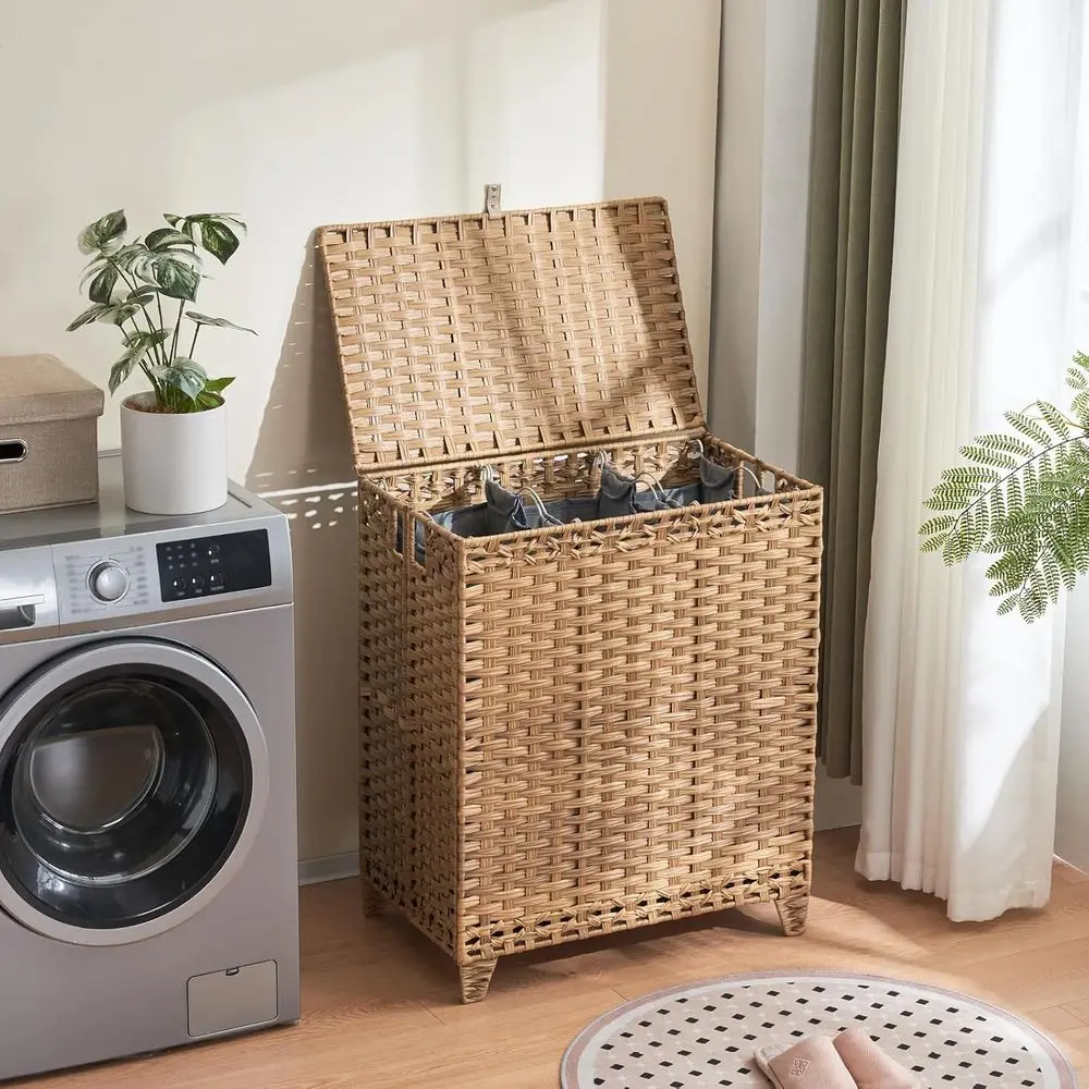 Large 190L 3-Section Rattan Laundry Hamper with Lids, 6 Removable Liners & 3 Mesh Bags, Natural, Easy Assembly