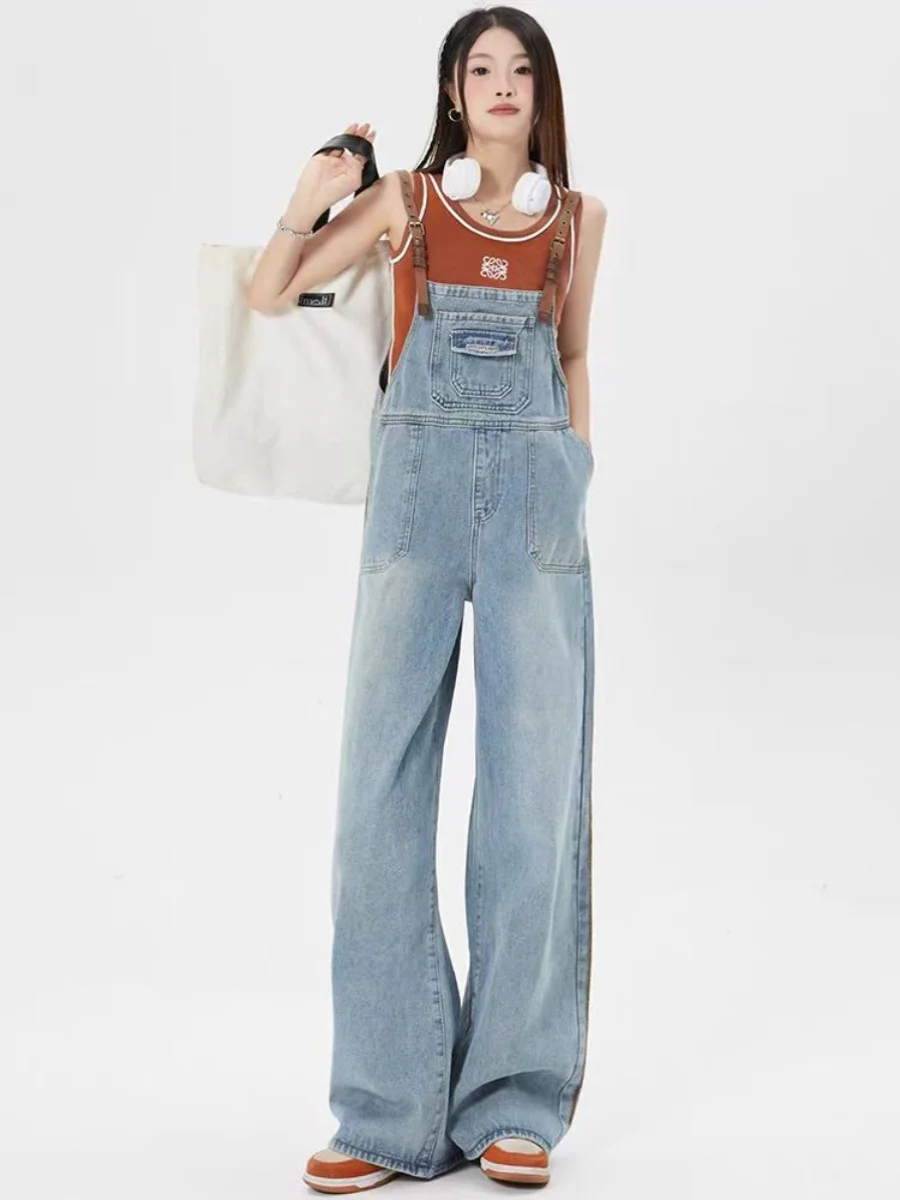 

American Sle plus Size Denim Overalls Women Spring Summer New High Waist Slimming Wide Leg Floor Length Pants