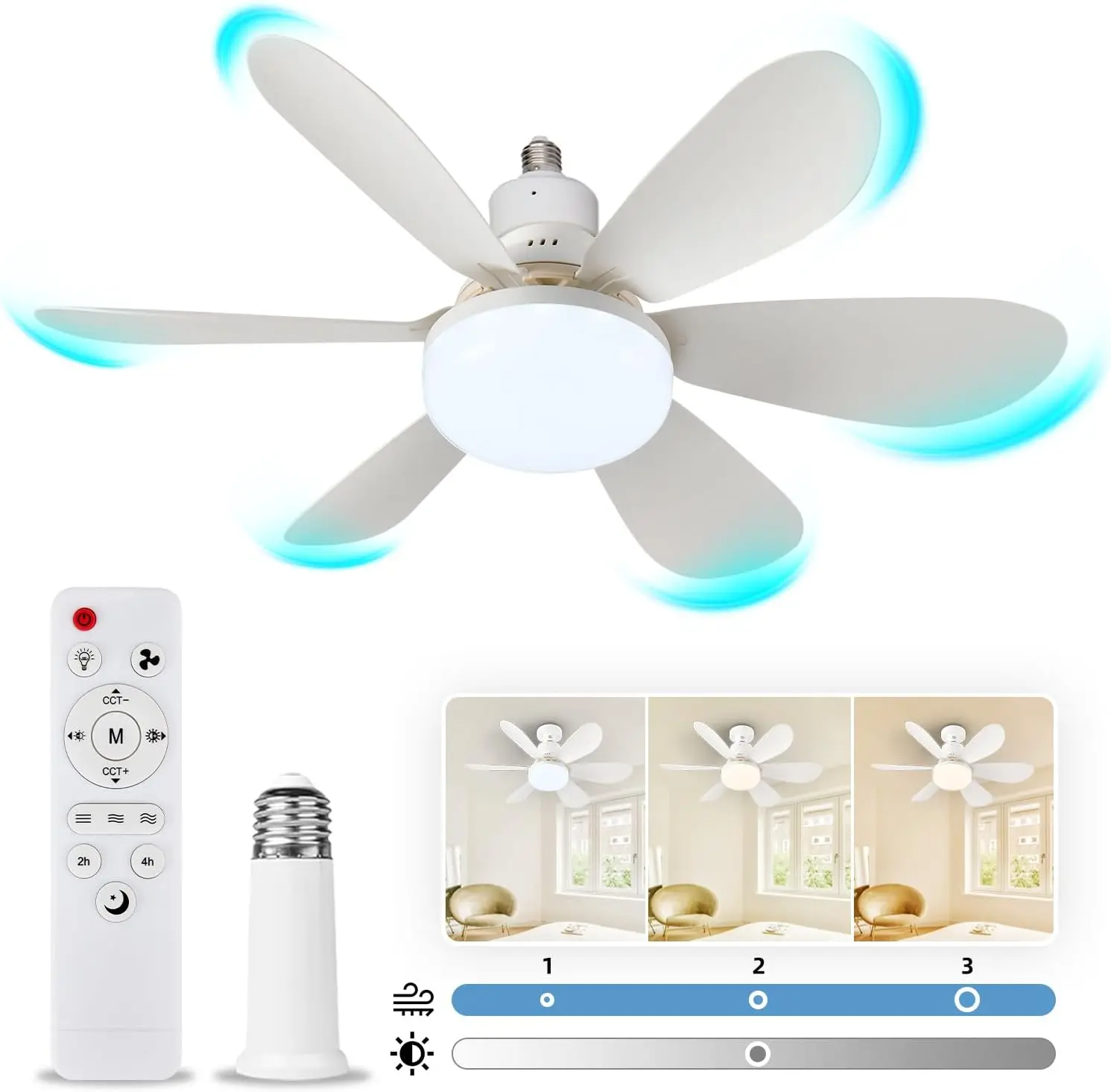 Ventilador de techo inalámbrico E27 de 40W con luz, Control remoto, LED regulable de 3 velocidades para garajes, habitaciones pequeñas, blanco"