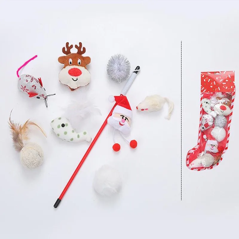 Christmas Series Pet Cats Toys Set Interactive Cat Toy for Kitten Playing Chase Exercise Teaser Wand Xmas Pet Cat Toys Supplies