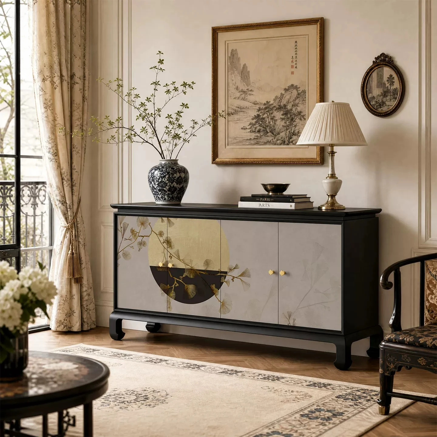 New Chinese-style Yueqi Jinxing solid wood dining side cabinet, living room entry storage foyer cabinet, homestay hotel