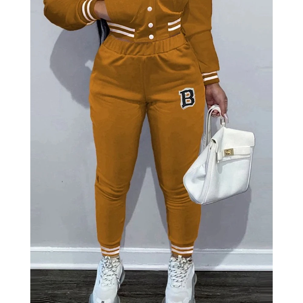 Letter Pattern Striped Baseball Jacket and High Waist Pants Set for Women Casual 2-Piece Long Sleeve Set Autumn Fashion 2024