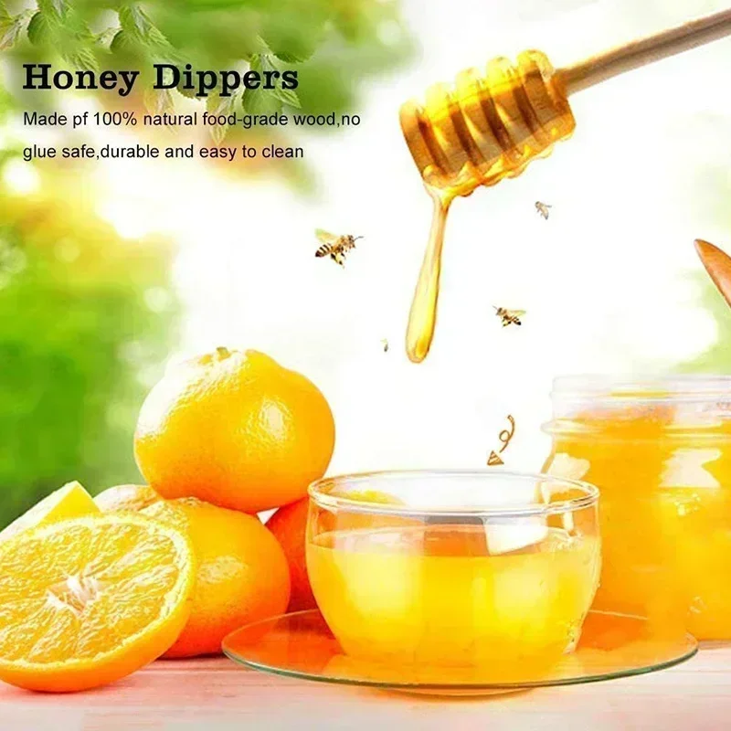 20pcs Durable Long Stick Honey Stir High Quality Bar Mixing Handle Jar Spoon Practical Wood Dipper Honey Kitchen Dessert Spoons