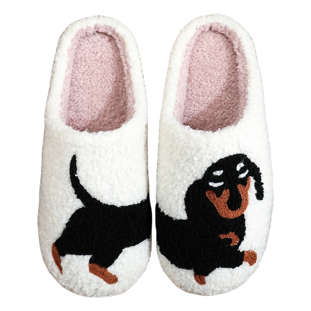 Pet Pattern Dachshund Embroidery stuffed Home Thick Sole plaid Furry Cotton Slippers Cute Warm Non-slip Indoor Slippers Mom Gift