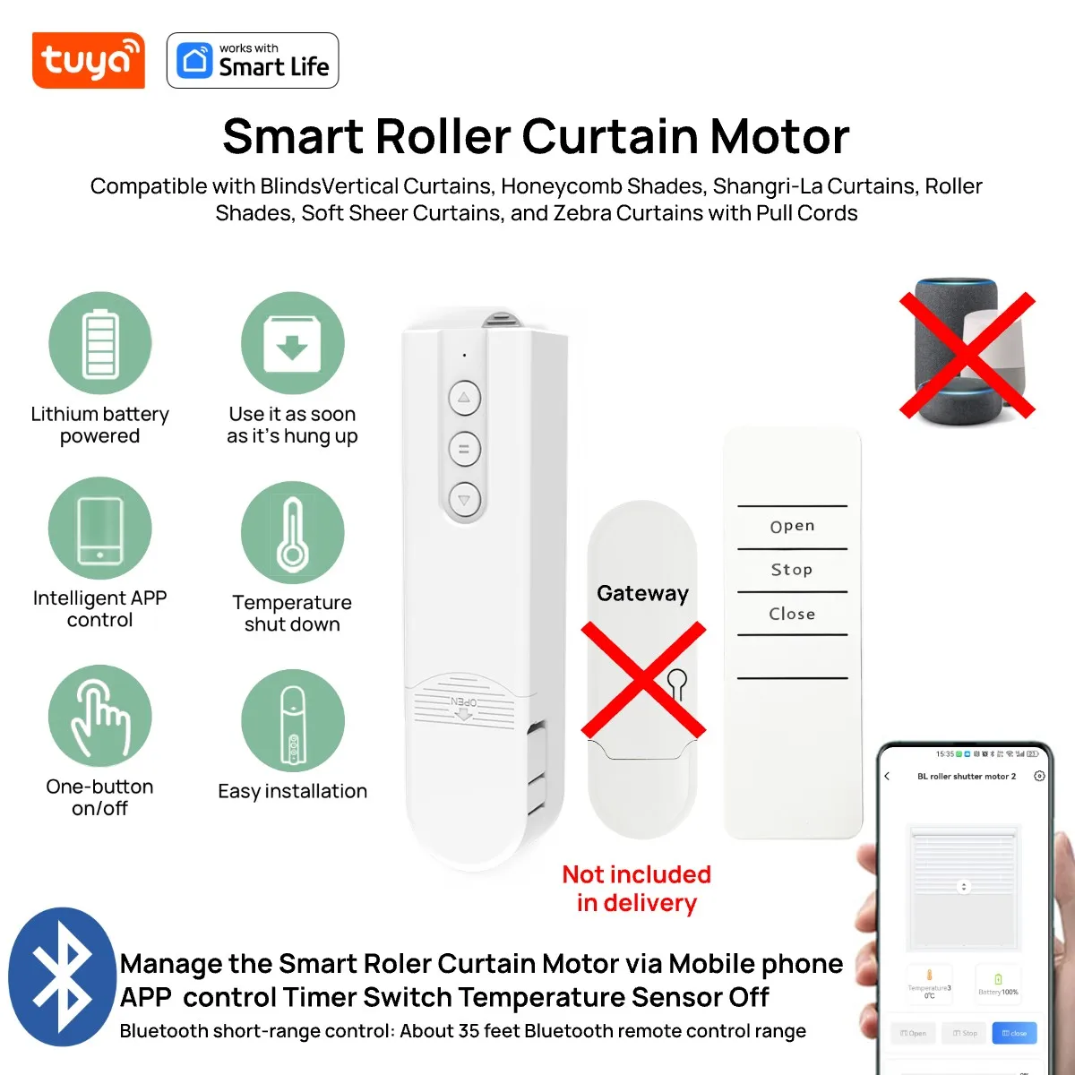 Tuya Smart Remote Control Automatic Blinds,Pull Cord Sunshade Electric Curtain,APP Bluetooth Control Timer Switch TemperatureOff