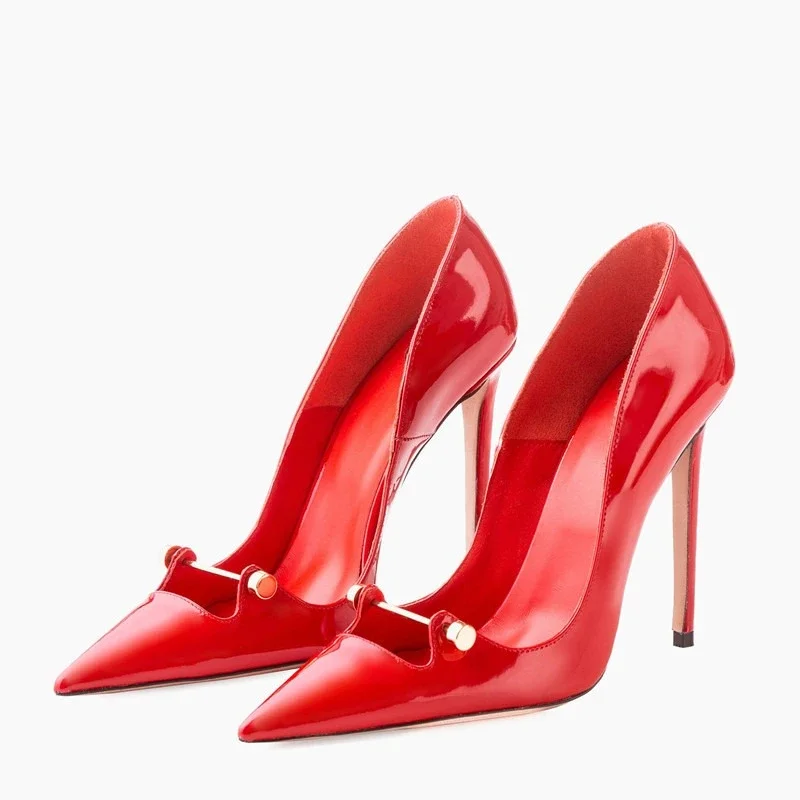 New Pointed Metal Buckle Women High-heeled Shoes European American Fashion Runway Styles Red Black Steel Tube Dance Single Shoes