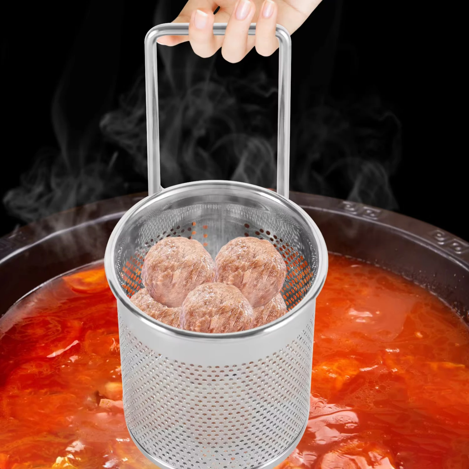 

Stainless Steel Hot Pot Mesh Net Basket Hanging Noodle Strainer with Handle