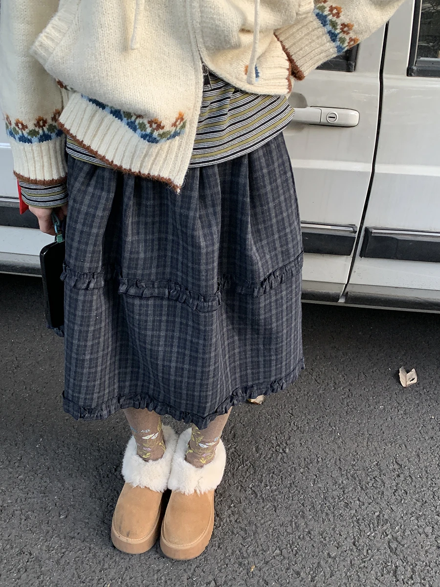 Gonna a vita alta a quadri Sinbounboun da donna, stile college, lunga fino alla caviglia, a balze, con cintura in legno, vestibilità casual e ampia