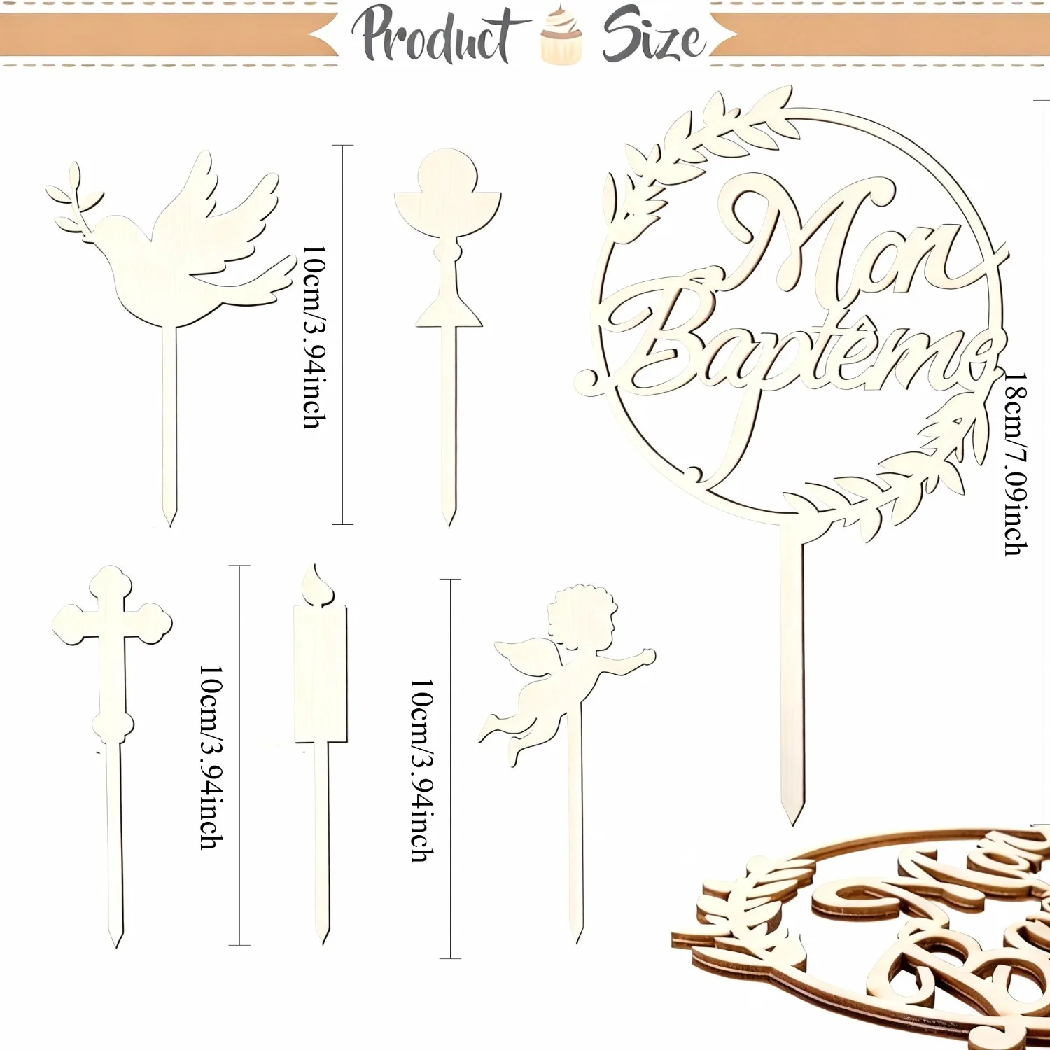 6-teiliges Tauf-Kuchenaufsatz-Set aus Holz – Engelskerze, Taubendekoration für Taufe, Babyparty, erste Geburtstagsfeier – Detail 6
