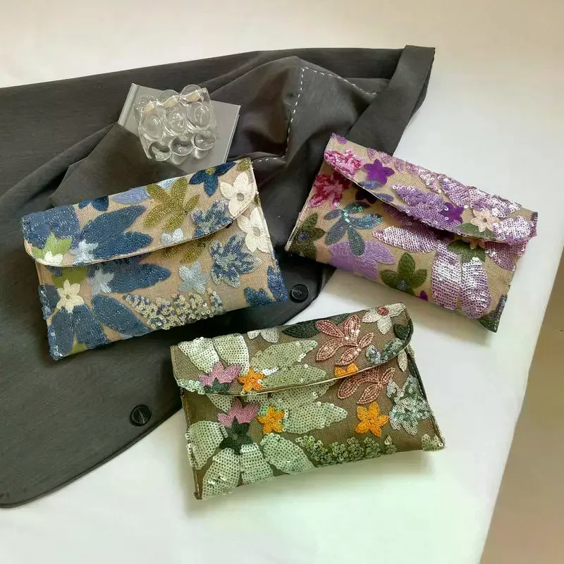 Glitter Floral Embroidery Evening Clutch Bag Beaded Sequin Purse for Women Prom Cocktail Party Wedding Banquet