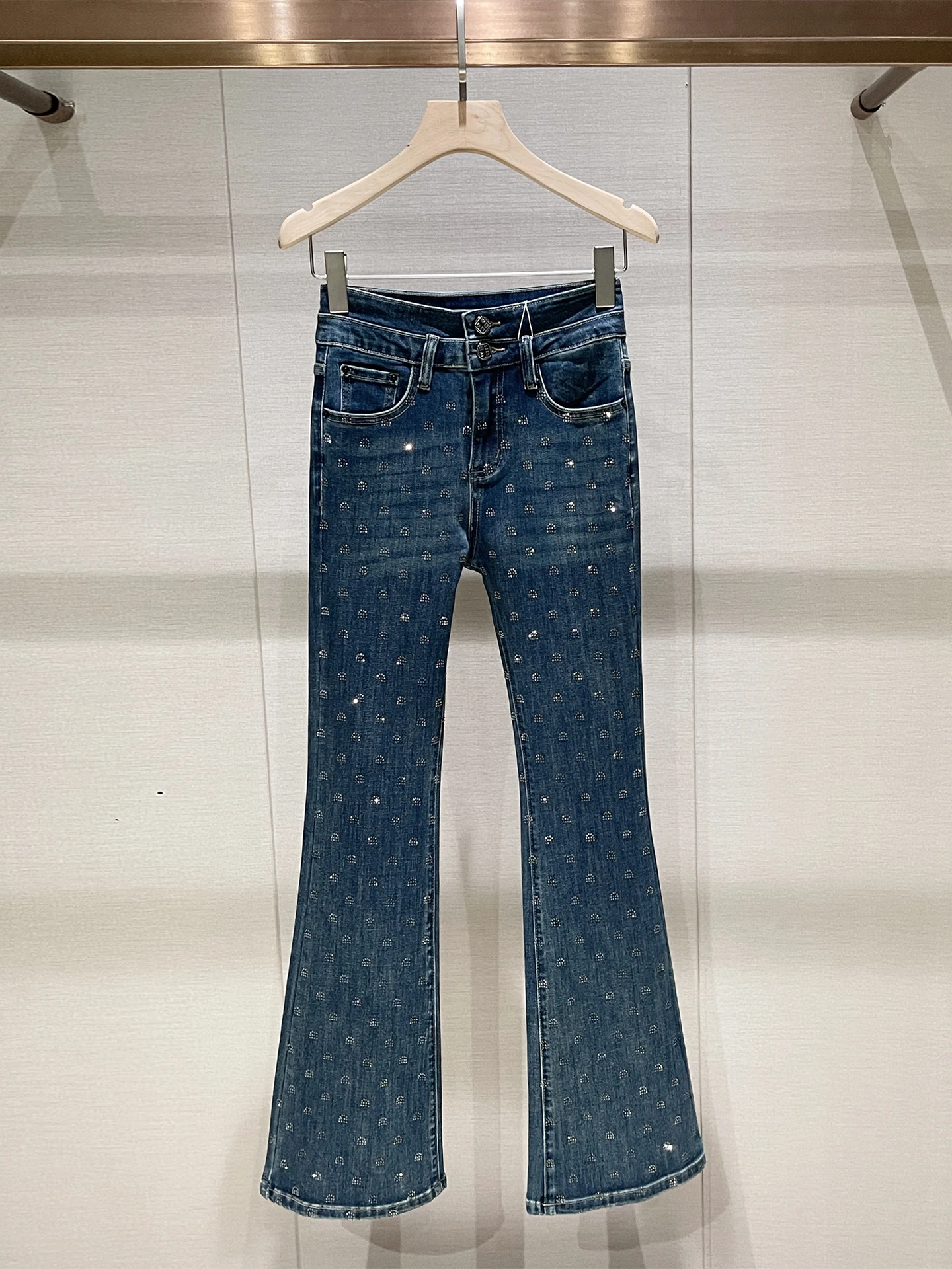 

Diamond Embellied High Waist Slim Fit Blue Jeans Women's Winter Faion Retro Sle Straight Leg Pants Breathable Casual